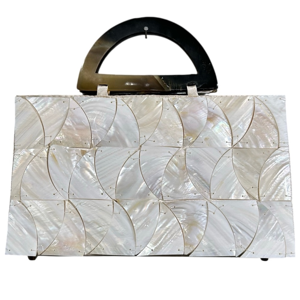 Chic Faux Mother of Pearl Clutch with Brown Handle Silk Lined Footed Snap Close